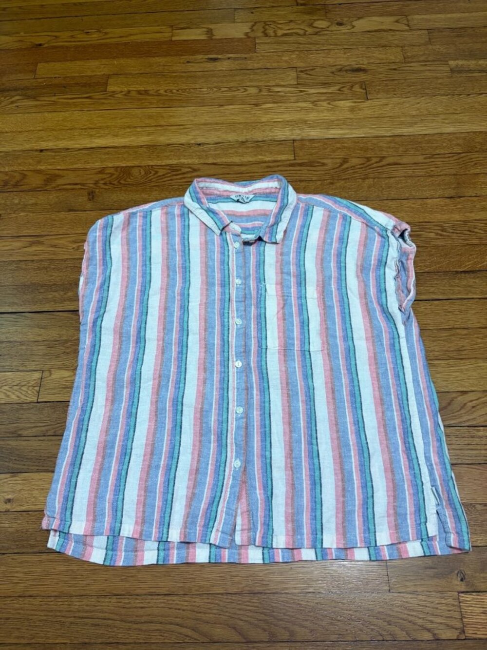 Orvis Womens Button Up Blouse Size XL Pink Blue White Striped Linen Cotton Top